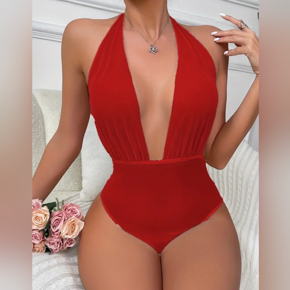 New Semi Sheer Red Low V Cut Backless Lingerie Bodysuit Sz Medium